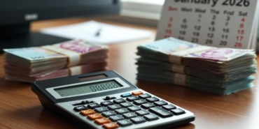 Hesap makinesi üzerinde Türk Lirası banknotları ve 2026 takvimi.