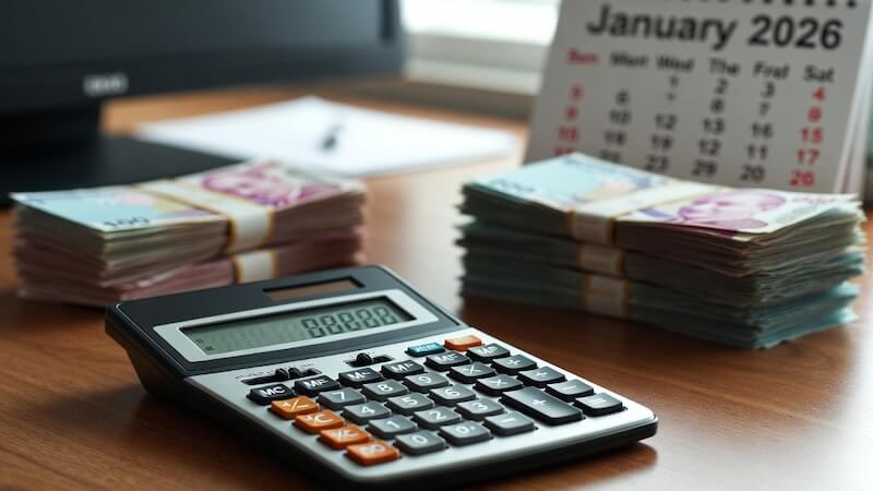 Hesap makinesi üzerinde Türk Lirası banknotları ve 2026 takvimi.