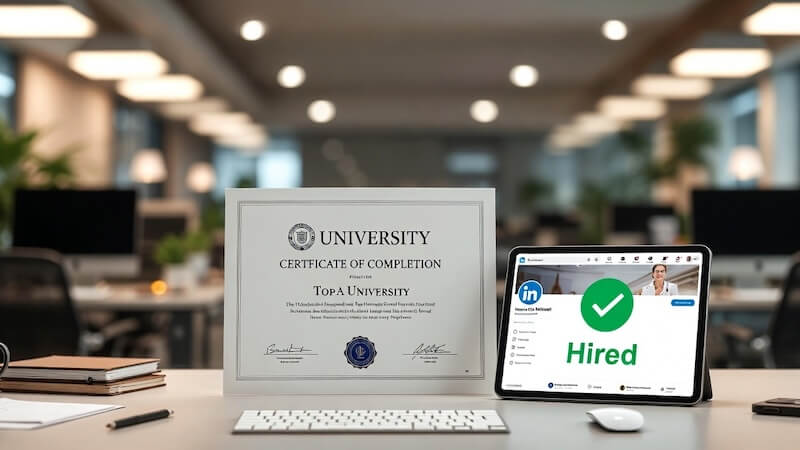 Laptop ekranında online eğitim sertifikaları, CV inceleyen insan kaynakları uzmanı ve yükselen maaş grafiği.