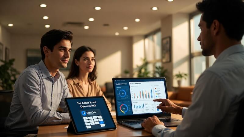 Banka şubesinde kredi yetkilisiyle görüşen bir müşteri ve bilgisayar ekranında açık olan TamListe kredi limiti hesaplama aracı.