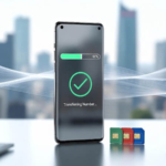 Akıllı telefonun yanında üç farklı operatörü temsil eden renkli sim kartlar ve numara taşıma işlemine dair bir onay grafiği.