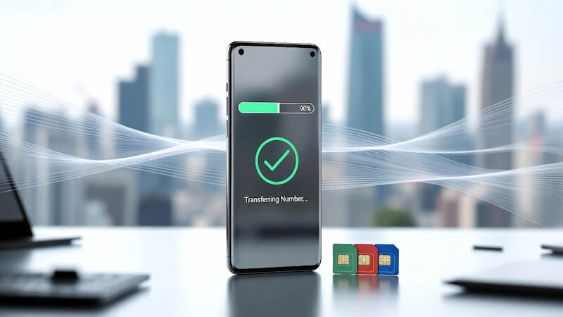 Akıllı telefonun yanında üç farklı operatörü temsil eden renkli sim kartlar ve numara taşıma işlemine dair bir onay grafiği.
