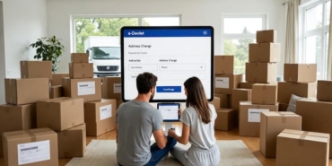 Yeni bir eve taşınan ailenin koli paketlemesi ve tablet üzerinden e-devlet adres değişikliği bildirimi yapması.