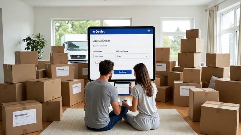 Yeni bir eve taşınan ailenin koli paketlemesi ve tablet üzerinden e-devlet adres değişikliği bildirimi yapması.