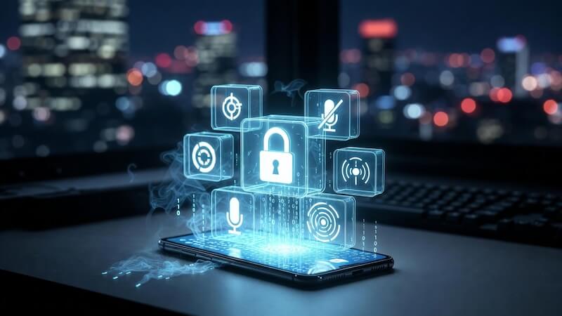 Akıllı telefon üzerinden sızan dijital verileri ve dinleme sembollerini gösteren güvenlik illüstrasyonu.