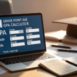 Üniversite not çizelgesi üzerinde duran bir hesap makinesi ve akademik mezuniyet kepi illüstrasyonu.