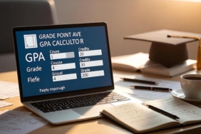 Üniversite not çizelgesi üzerinde duran bir hesap makinesi ve akademik mezuniyet kepi illüstrasyonu.