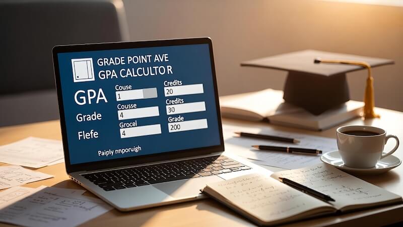 Üniversite not çizelgesi üzerinde duran bir hesap makinesi ve akademik mezuniyet kepi illüstrasyonu.