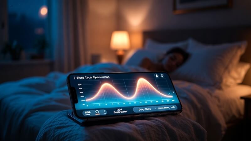Akıllı bir saatte uyku döngüsü grafiklerini inceleyen kişi ve arka planda huzurlu bir uyku ortamı.