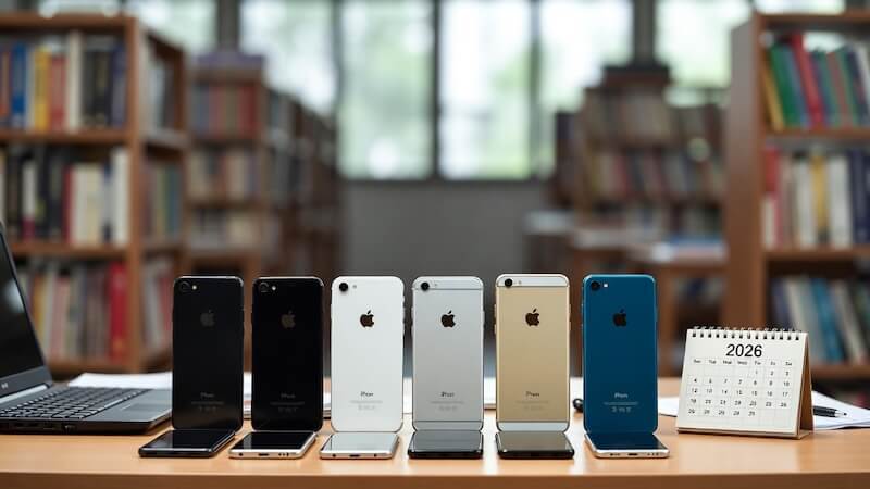 2026 takvimi, masada akıllı telefonlar ve dizüstü bilgisayar.