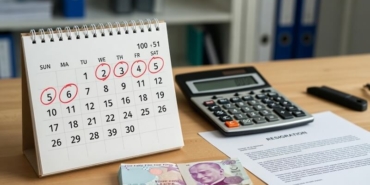 Takvim üzerinde tatil günleri işaretli, yanında hesap makinesi ve Türk Lirası banknotlar, istifa dilekçesi.