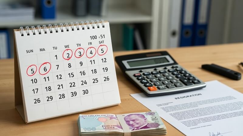Takvim üzerinde tatil günleri işaretli, yanında hesap makinesi ve Türk Lirası banknotlar, istifa dilekçesi.