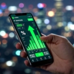 Mobil bankacılık uygulamasında artan faiz oranlarını inceleyen bir kişi.