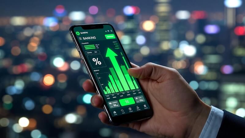 Mobil bankacılık uygulamasında artan faiz oranlarını inceleyen bir kişi.